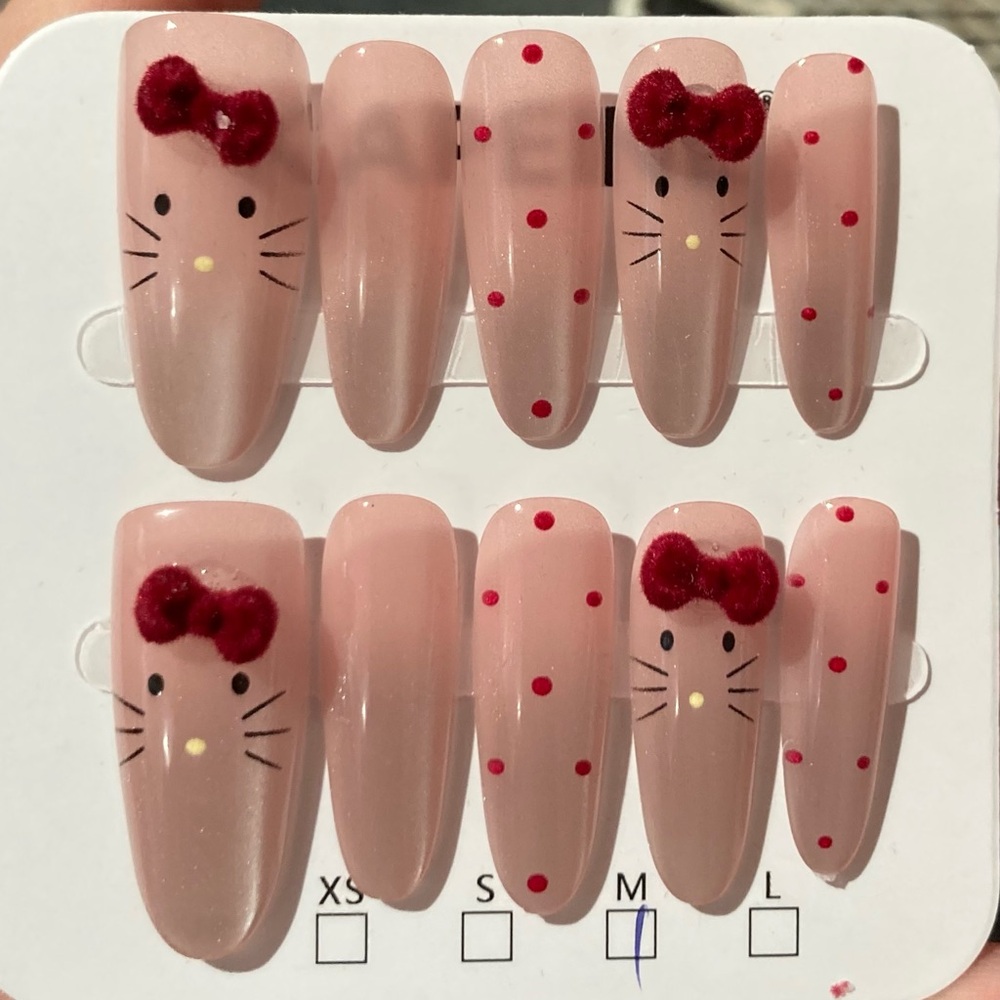 [M] 🎀💅 10Pcs Wearable Press on Nails Pink Long Hello Kitty Red Bow Polka Dots